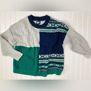 EUC Patchwork Fair Isle Style Chunky Knit Cozy Boxy Navy Emerald Grey Reworked M